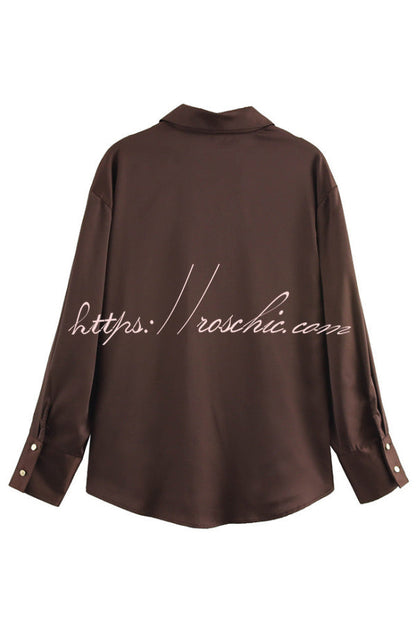 Solid Color Silk Satin Texture Single-breasted Long-sleeved Loose Shirt