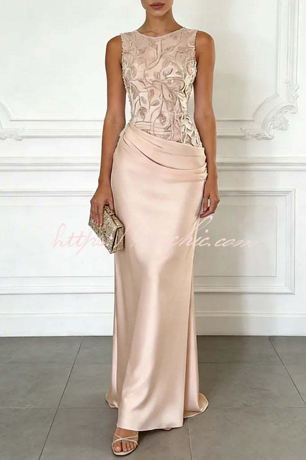 Vera Mesh Embroidery Satin Ruched Crew Neck Sleeveless Gown Maxi Dress