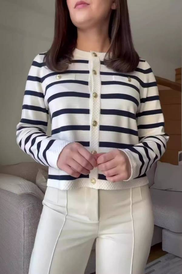 Striped Knit Cardigan with Metal Buttons