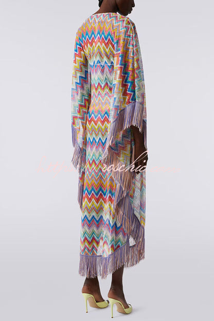Casie Knit Colorful Zigzag Pattern Fringe Trim Cover-up Vacation Maxi Dress