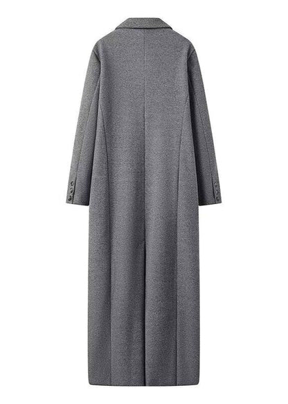 Double-Breasted Long Wool-Blend Coat – Gray