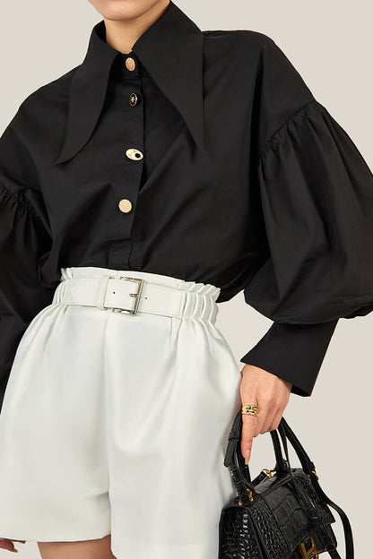 Black Pointed Collar Button Detail Lantern Sleeve Shirt
