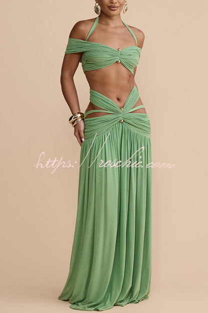 Martina Stretch Mesh Gold Metal Detail Gathered Sweetheart Crop Halter Vacation Tank