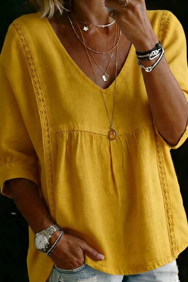 V-Neck Lace Trim Linen Blend Babydoll Blouse
