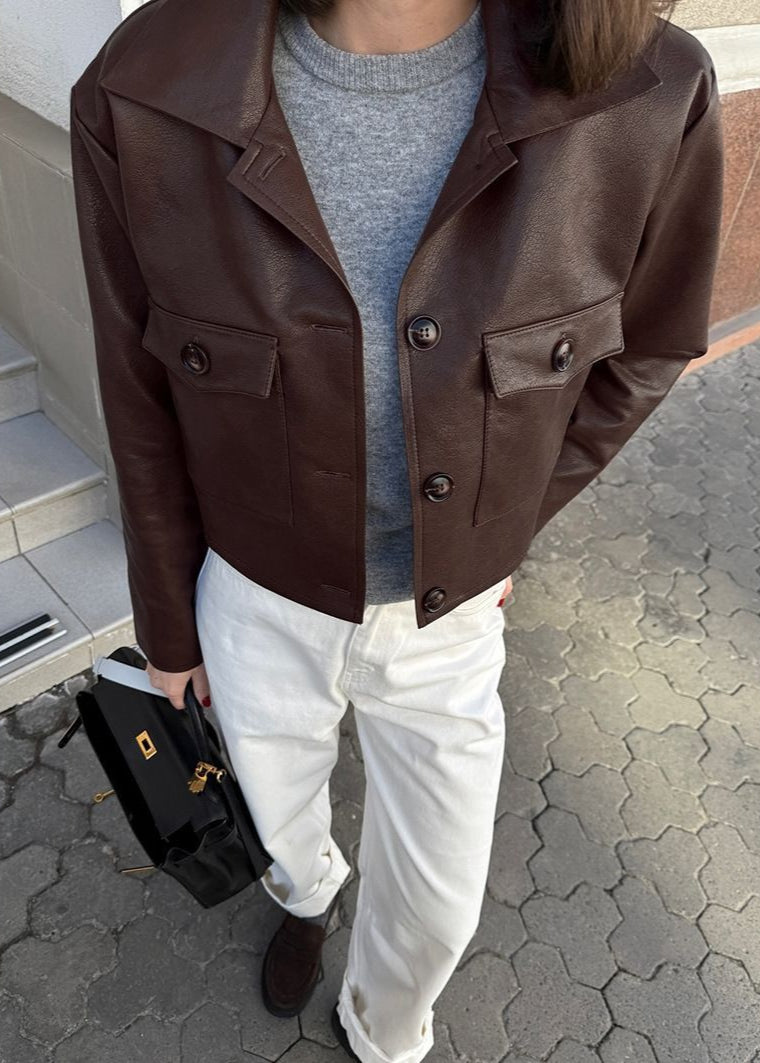 Nora Cropped Faux Leather Jacket – Structured Button-Down with Utility Pockets