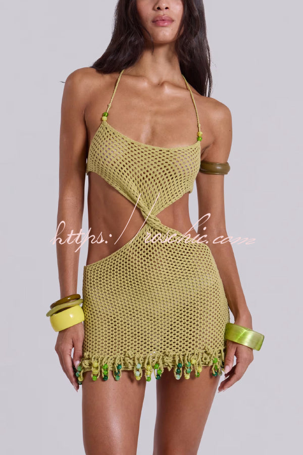 Fashionable Openwork Knit Halter Neck Tie Slim Fit Cover-up Mini Dress