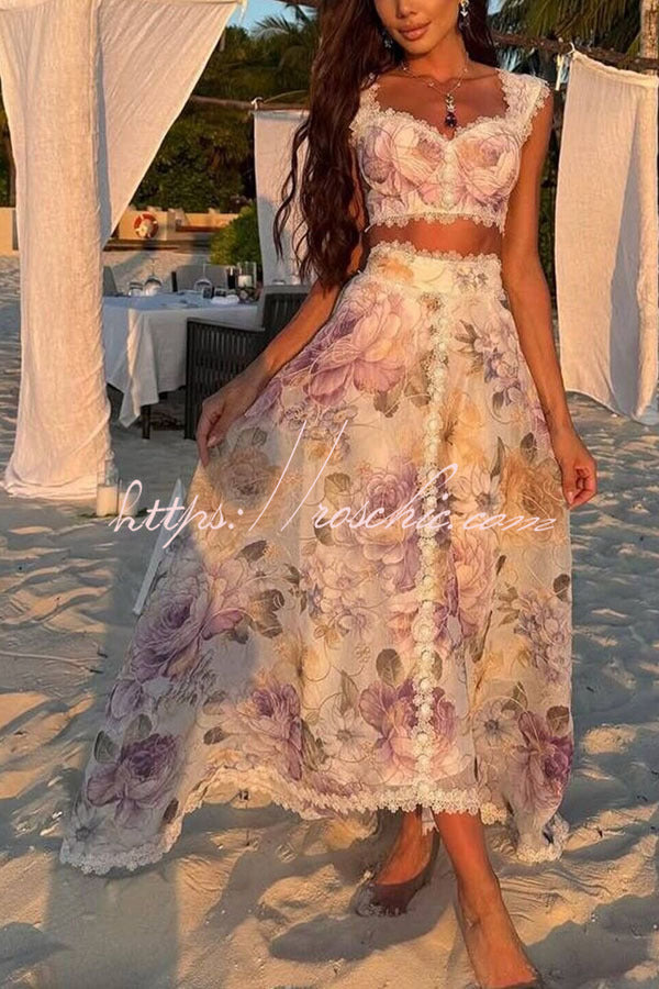 Romantic and Beautiful Floral Print Lace Trim Sweetheart Neck Tank and High Rise Maxi Skirt Set