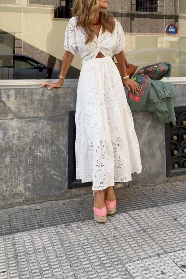 Openwork Embroidered V-Neck Knot-Detail Waist-Defining Maxi Dress
