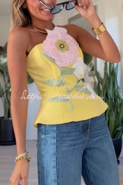 Create Beauty Flower Appliques Off Shoulder Tailored Waist Tank Top