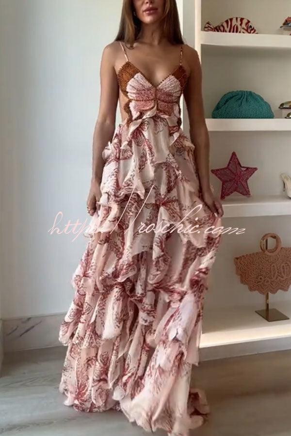 Ariae Butterfly Print Multi-layered Ruffles Backless Tie-up Maxi Dress