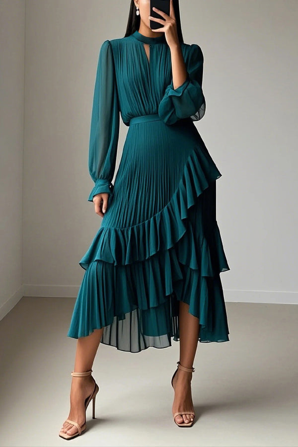 Solid Color Round Neck Long Sleeve Fitted Waist Pleated Ruffle Midi Dress