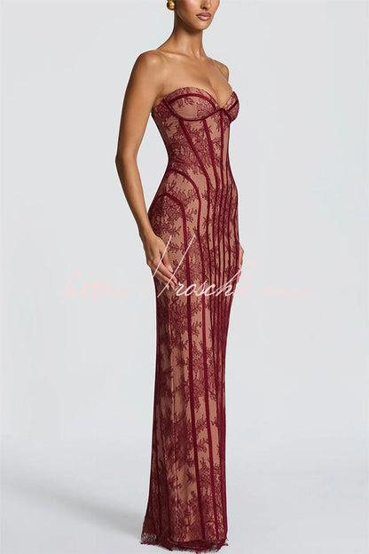 Sian Floral Lace Contrast Structural Detail Back Lace-up Strapless Slit Maxi Dress
