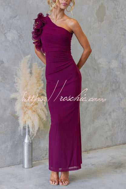 Fashionable Mesh Sleeveless One-shoulder Waist-revealing Maxi Dress