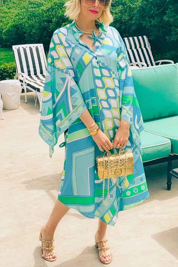 Pandora Satin Unique Art Print Button Up Bell Sleeve Shirt Midi Dress