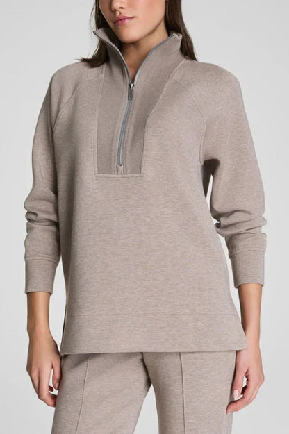 Alfia Ribbed Stand Zipper Neck Long Sleeve Sweatshirt and Button Elastic Waist Pocketed Loose Pants Set