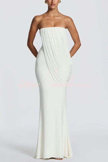 Vienna Modal Jersey Ruched Asymmetric Draped Mesh Strapless Maxi Dress