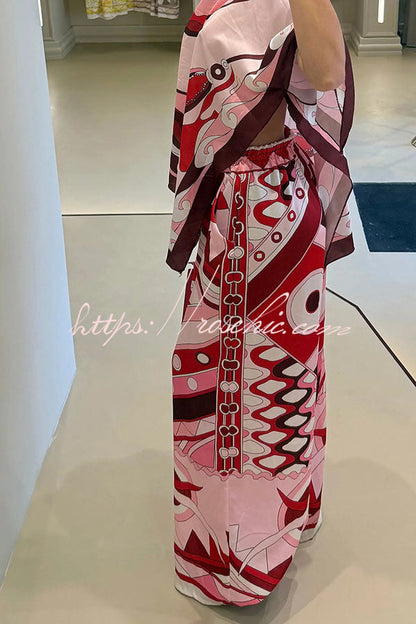 Luxe Resort Satin Unique Print Cape-style Top and Elastic Waist Pocket Wide Leg Pants Set