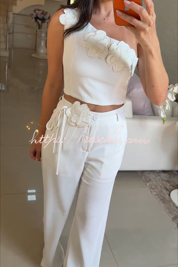 Alick Floral Detail One Shoulder Crop Top and Floral Belt High Waist Pocket Wide Leg Pants Set