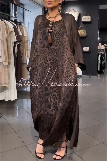 Mira Satin Leopard Print Sleeveless Pocket Maxi Dress and Batwing Sleeve Kimono Two Pieces Set