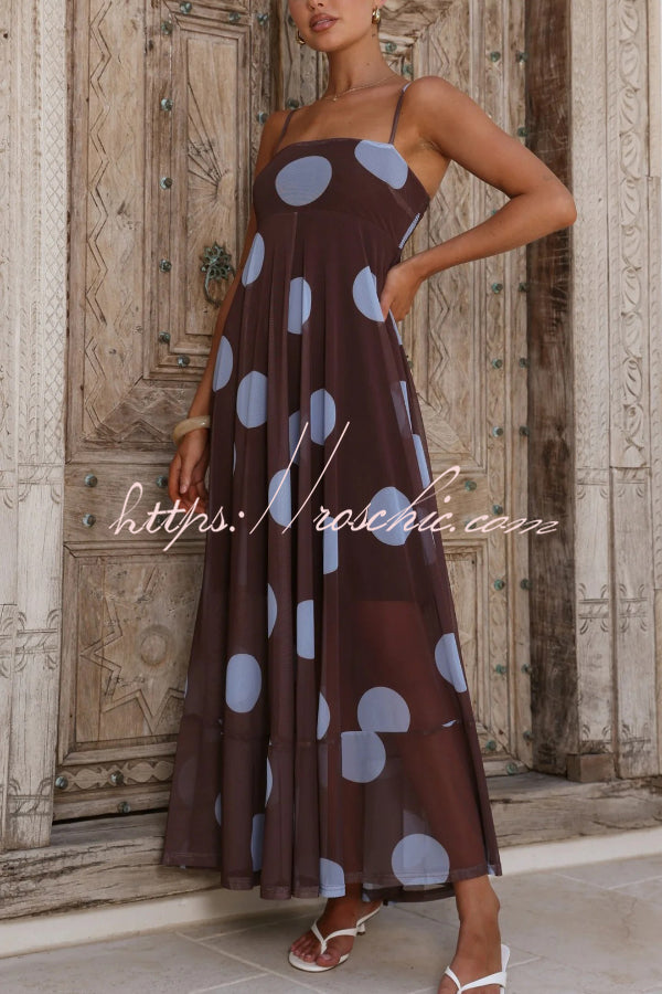 Polka Dot Print Mesh Spaghetti Strap Square Neck Vacation Maxi Dress