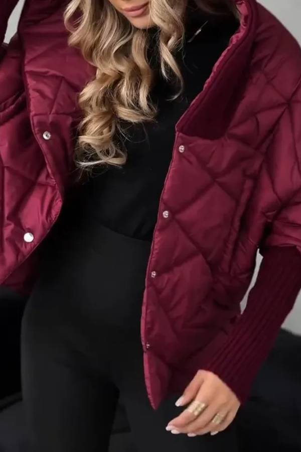 Women Hooded Patchwork Knitted Sleeves Casual Cotton Jacket