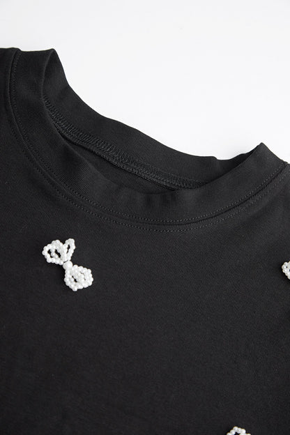 Black Faux-Pearl Bow Embellished Cotton Blouse