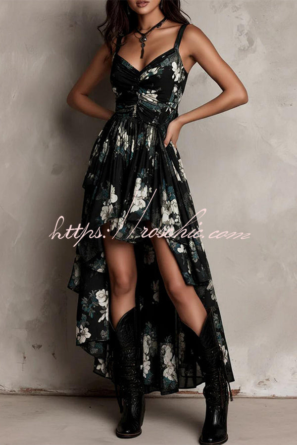 Midnight Wildflower High-Low Ruffle Floral Dress