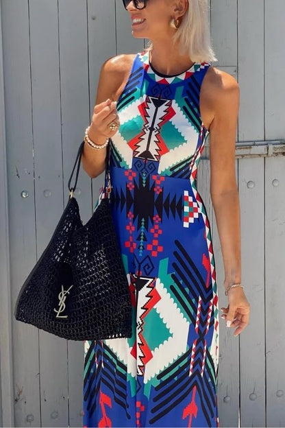 Unique Printed Round Neck Sleeveless Holiday Maxi Dress