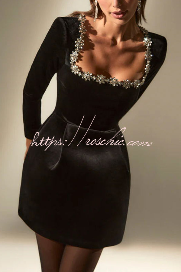 Endless Celebration Velvet Jewel Embellished Trim Long Sleeve Pocketed Mini Dress (Shipped Within 24 Hours)