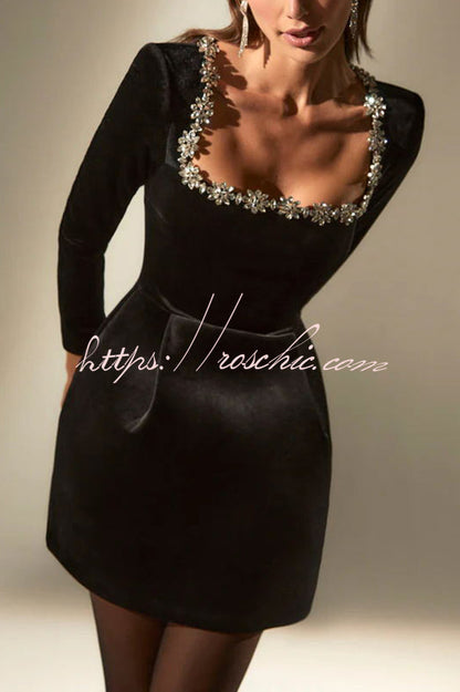 Endless Celebration Velvet Jewel Embellished Trim Long Sleeve Pocketed Mini Dress (Shipped Within 24 Hours)