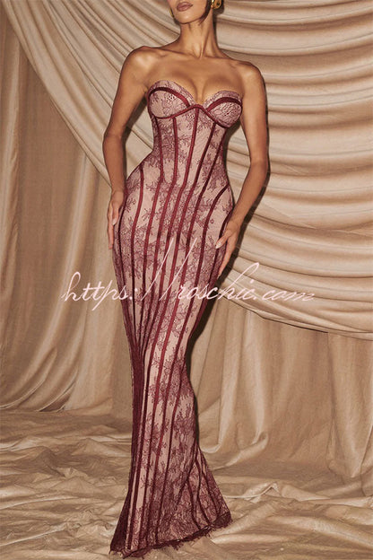 Sian Floral Lace Contrast Structural Detail Back Lace-up Strapless Slit Maxi Dress