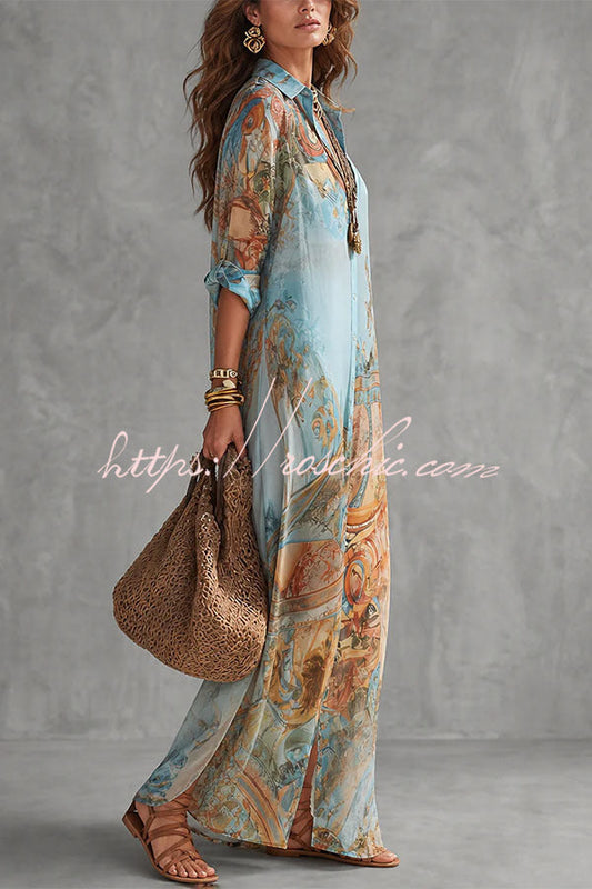 Boho Vintage Art Print Button Down Maxi Shirt Dress