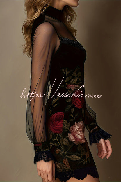 Enchanted Garden Sheer Mock Neck Velvet Dress