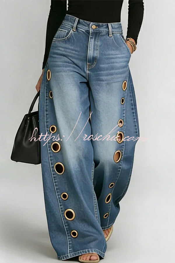 High-Street Edgy Eyelet Cut-Out Baggy Jeans