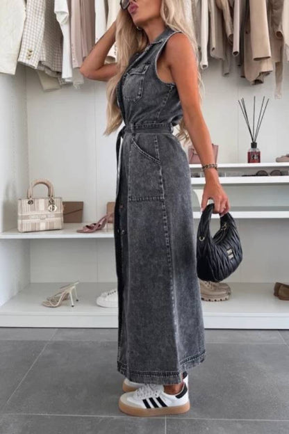 Sleeveless Denim Shirt Dress with Waist Tie
