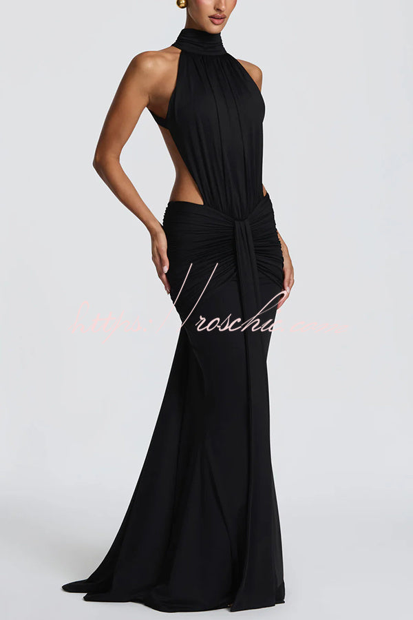 Thekla Stretch Slinky Jersey High Neck Ruched Backless Drape Maxi Dress