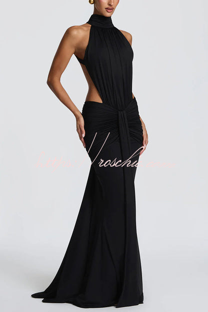 Thekla Stretch Slinky Jersey High Neck Ruched Backless Drape Maxi Dress