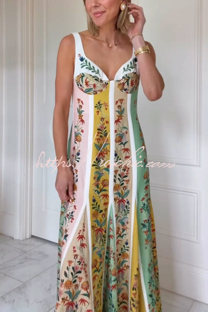 Sweet Garden Linen Blend Color Block Floral Paneled Maxi Dress