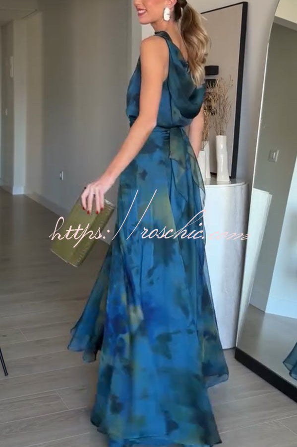 Ione Chiffon Ombr¨¦ Print Cowl Neck Top and High Rise Maxi Skirt Set with Scarf