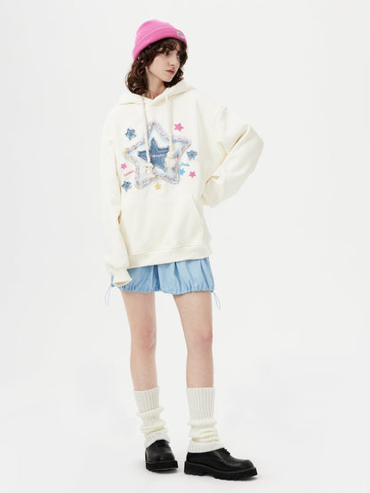 Denim Star Applique Embroidery Hoodie