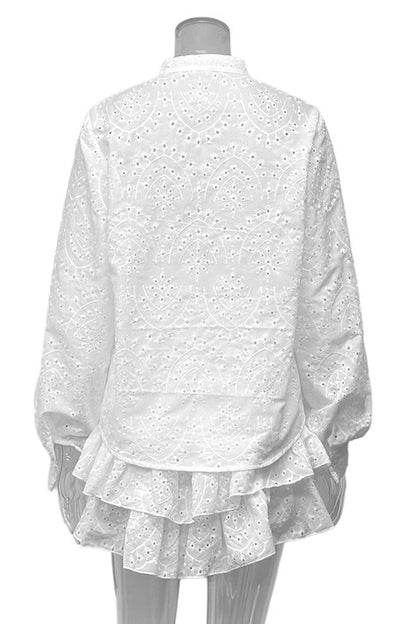 Hollow-out Jacquard Blouse Tiered Shorts Set