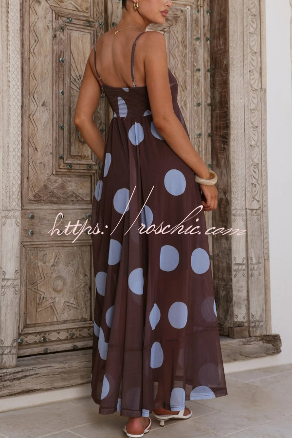 Polka Dot Print Mesh Spaghetti Strap Square Neck Vacation Maxi Dress