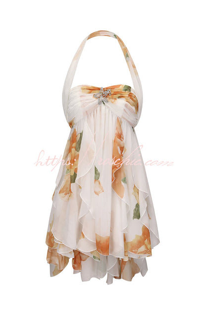 Arabella Floral Print Starfish Brooch Inverted Halter Neck Slit Ruffles Mini Dress