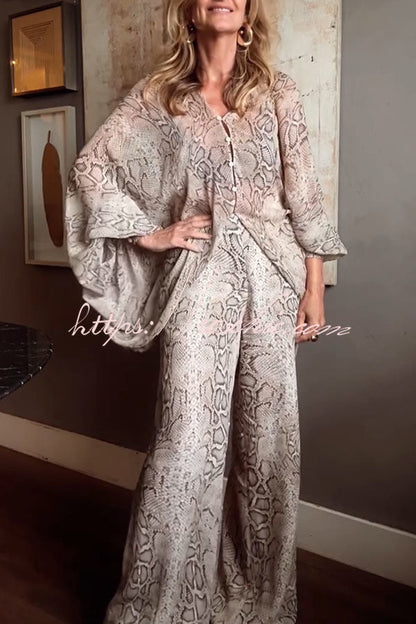 Iselle Animal Print Button Up Batwing Sleeve Shirt and Elastic Waist Wide Leg Pants Set
