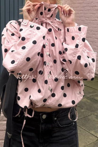Polka Dot Print Loose Stand Collar Button Bow Tie Casual Long-sleeved Jacket