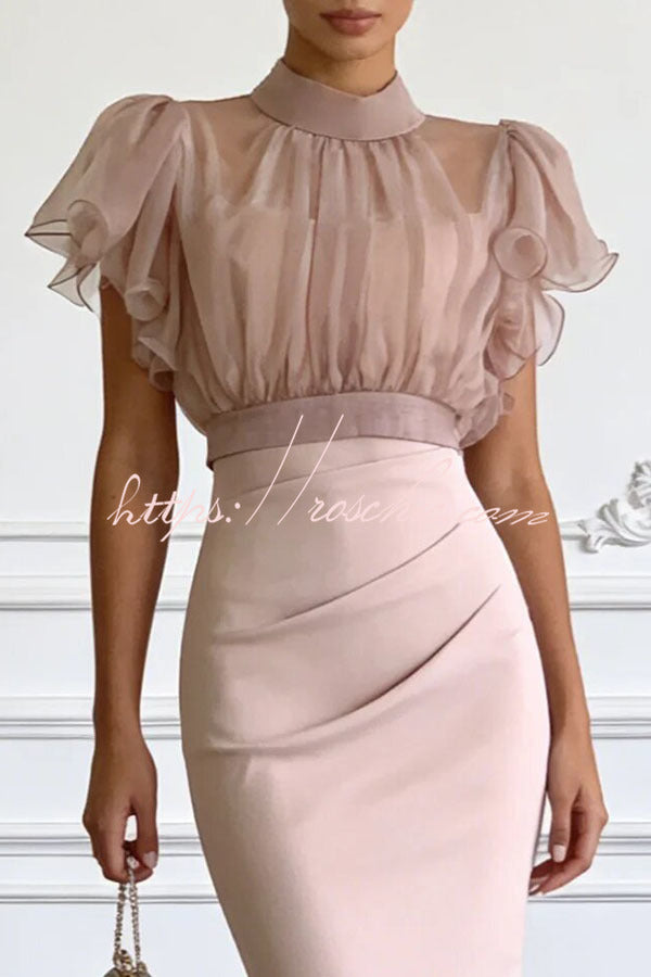 Sheer High-Neck Ruffle Sleeve Back Tie-up Top and Slip Ruched Midi Dress Two Pieces Set