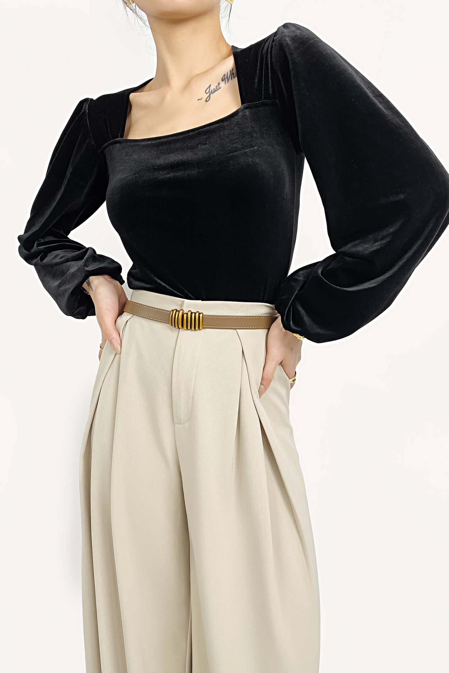 Black Velvet Balloon Sleeve Square Neck Blouse
