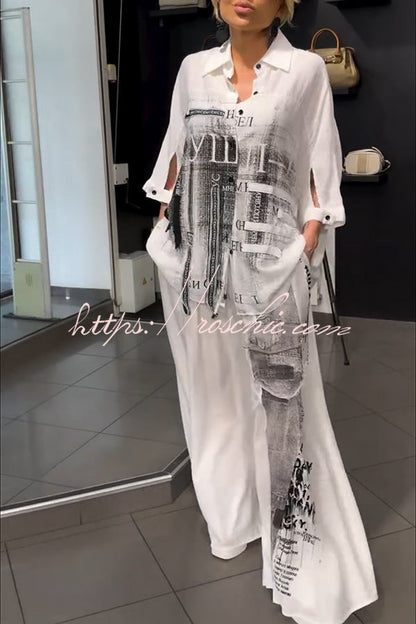 Street Style Graffiti Print Button Half Sleeve Blouse and Elastic Waist Pocket Wide Leg Pants Set
