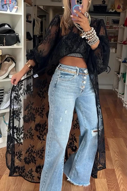 Fashion Denim Button Pocket Ripped Raw Edge Loose Jeans