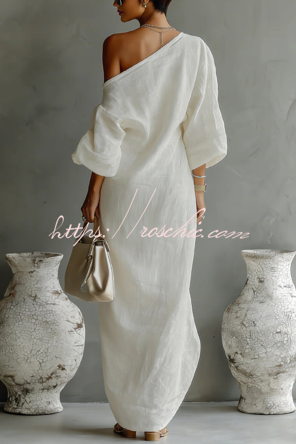 Linen Blend Loose-fitting One-shoulder Lantern Sleeve Casual Pocket Maxi Dress